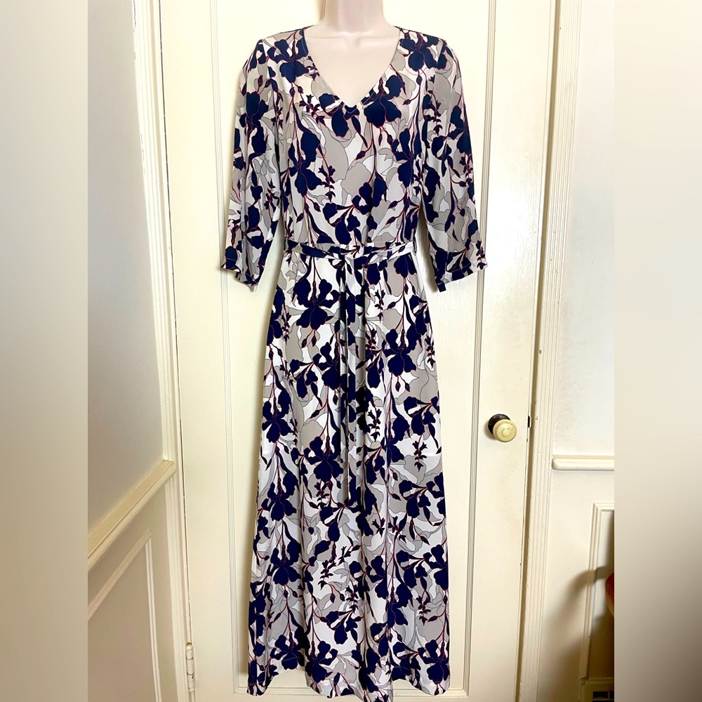 Kachel Silk Belted Maxi Dress with Iris Pattern